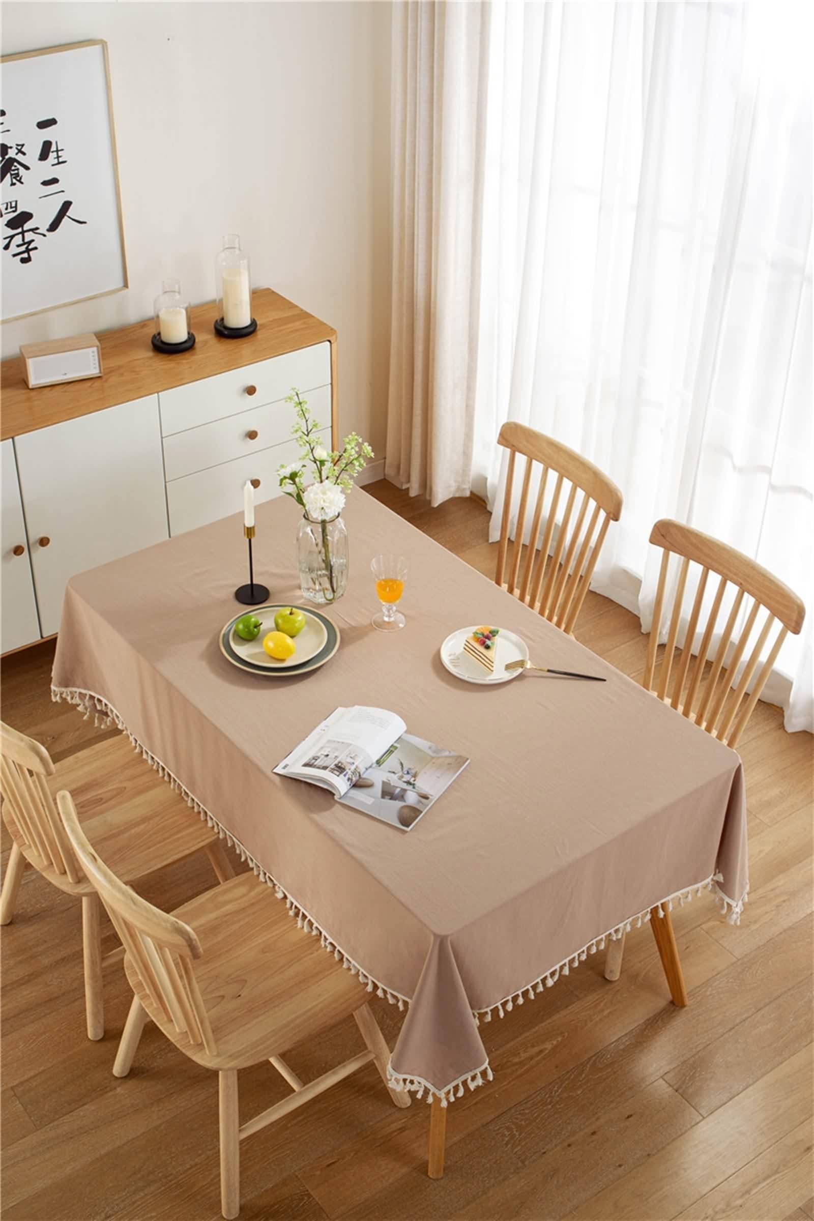Tovaglia Cotone, Tovaglia Festa Beige Giallo Tinta Unita con Nappa Copritavolo 140X200CM per Soggiorno Cucina