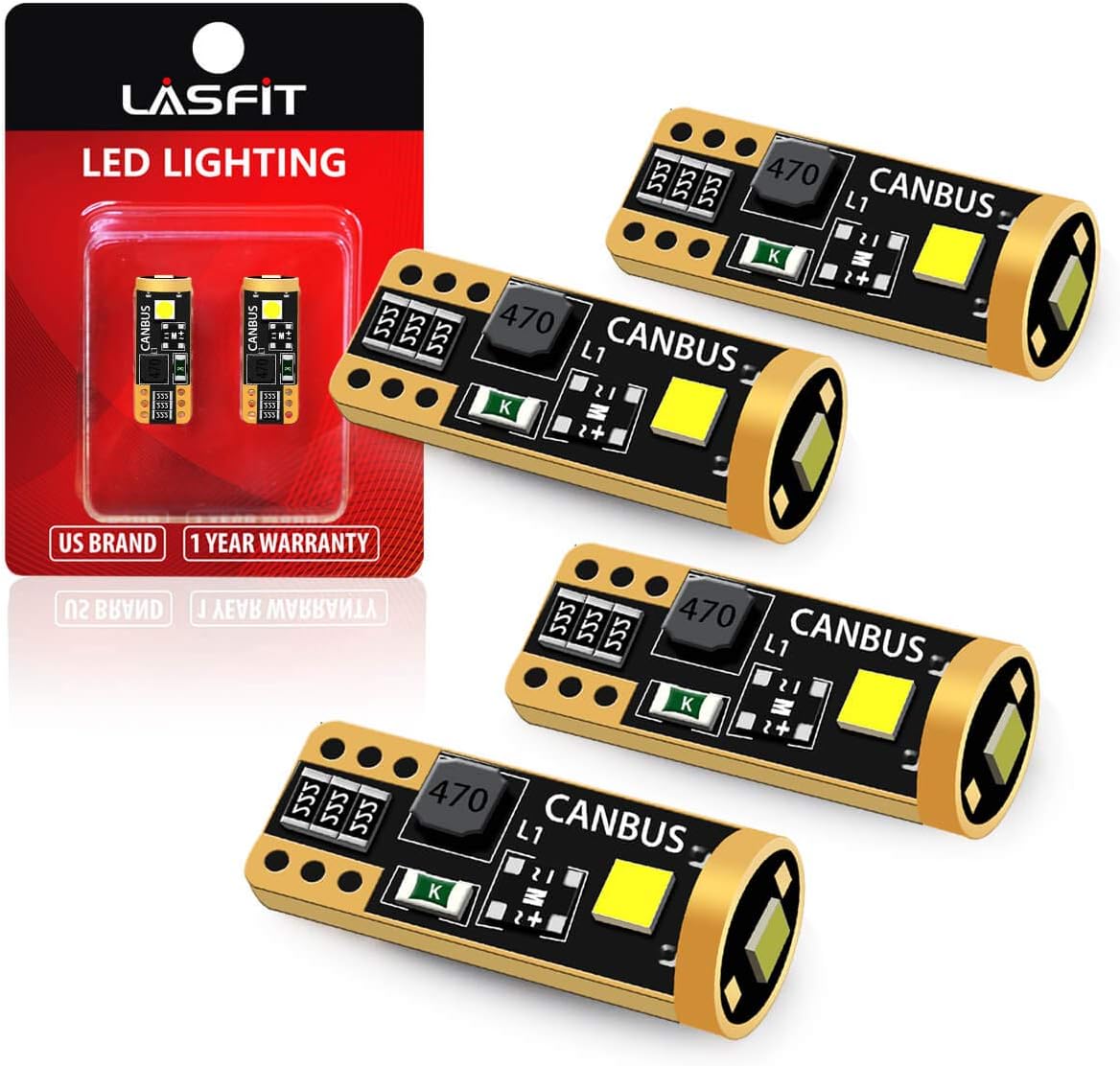 LASFIT [4-PCS] 194 168 T10 2825 W5W LED Bulb Canbus Error Free, Non-Polarity 400LM 6000K Extremely Bright for Dome Map Courtesy Door License Plate Trunk Cargo Lights, Xenon White