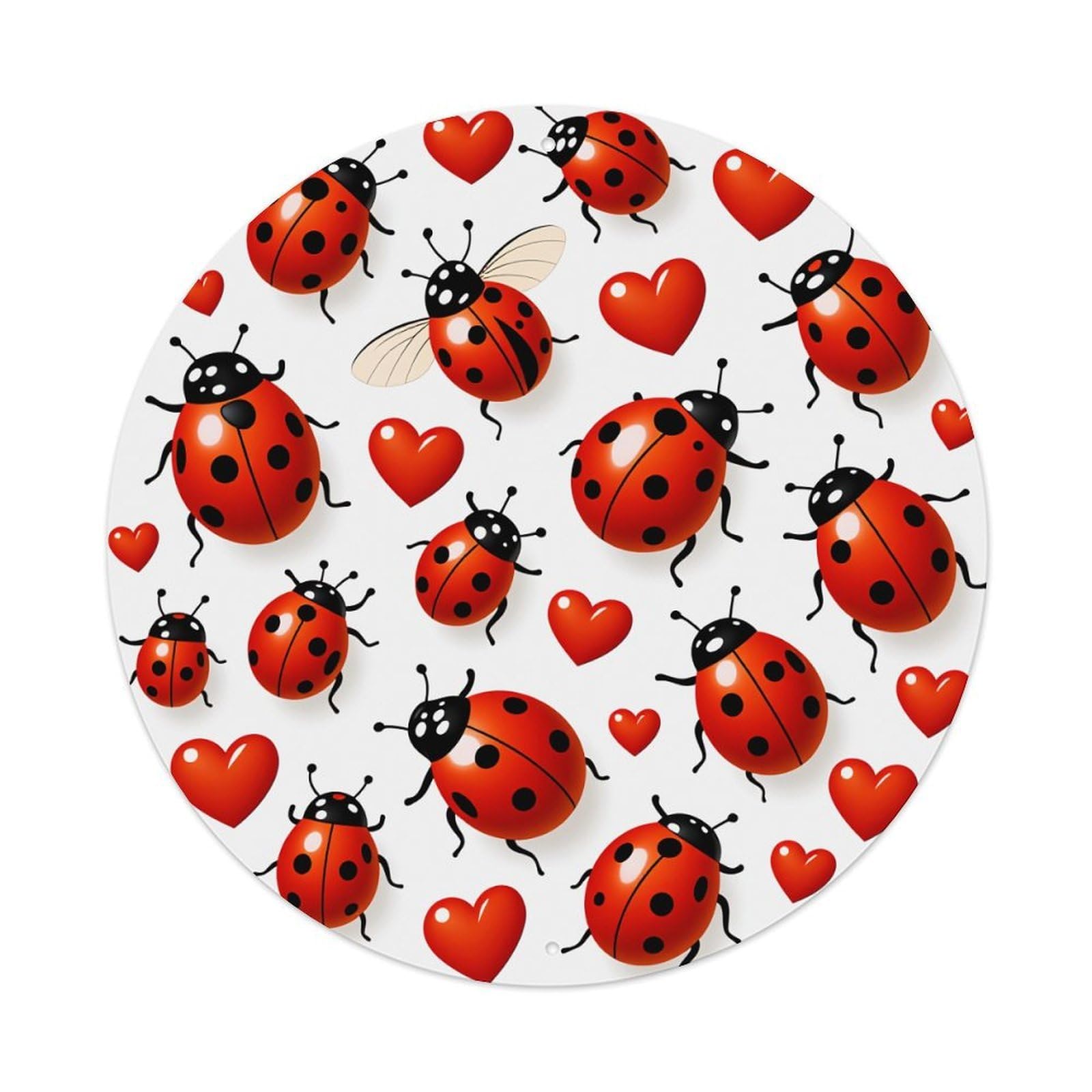 Ladybugs And Hearts Pattern Print Design Round Vintage Tin Sign,Retro Wall Art,Metal Poster for Home, Bar, Garage, Cafe, Rustic Indoor & Outdoor Decor, 8x8 Inches
