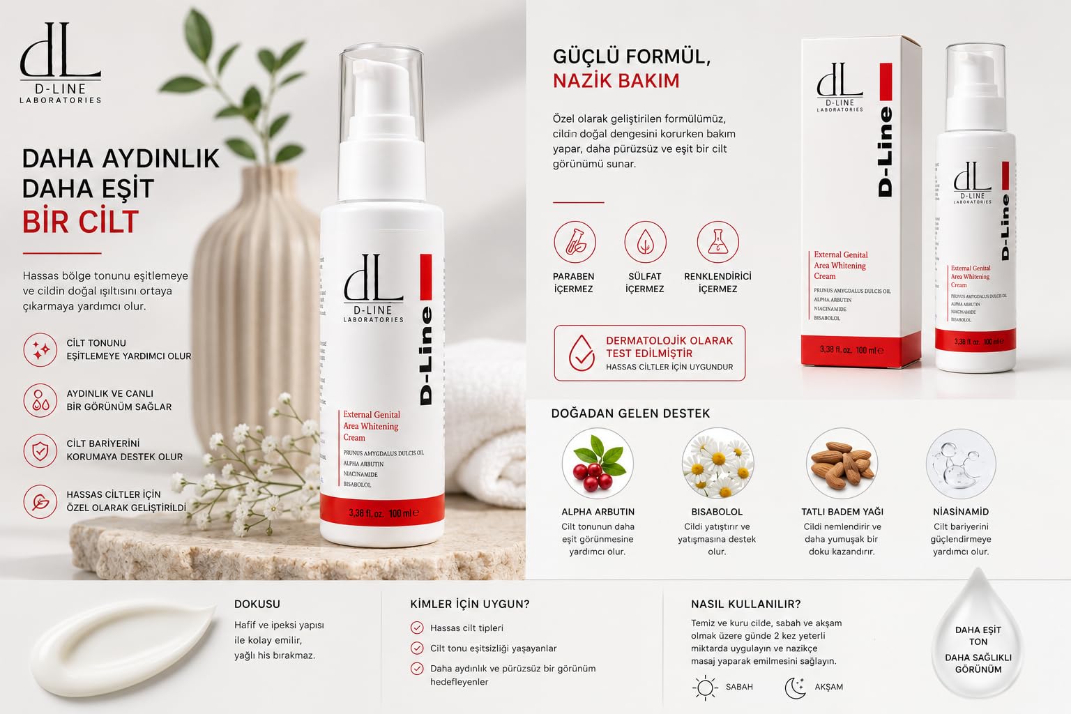 D Line Laboratories External Genital Area Whitening Cream, Genital Bölge Beyazlatıcı Krem, 100 ml, Hassas bölge beyazlatıcı krem, Hassas bölge günlük bakımı, genital kararma