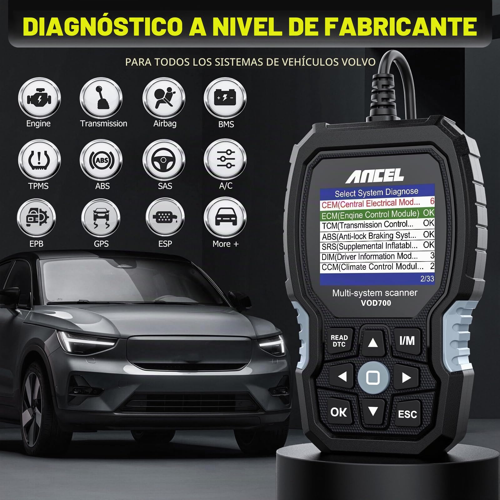 ANCEL VOD700 Máquina de Diagnosis para Coche Volvo, OBD2 Herramienta de Diagnóstico para Sistemas Completos con 12+ Funciones, Lector OBD con Aceite EPB ABS SRS SAS TMPS Bat Bas Reset