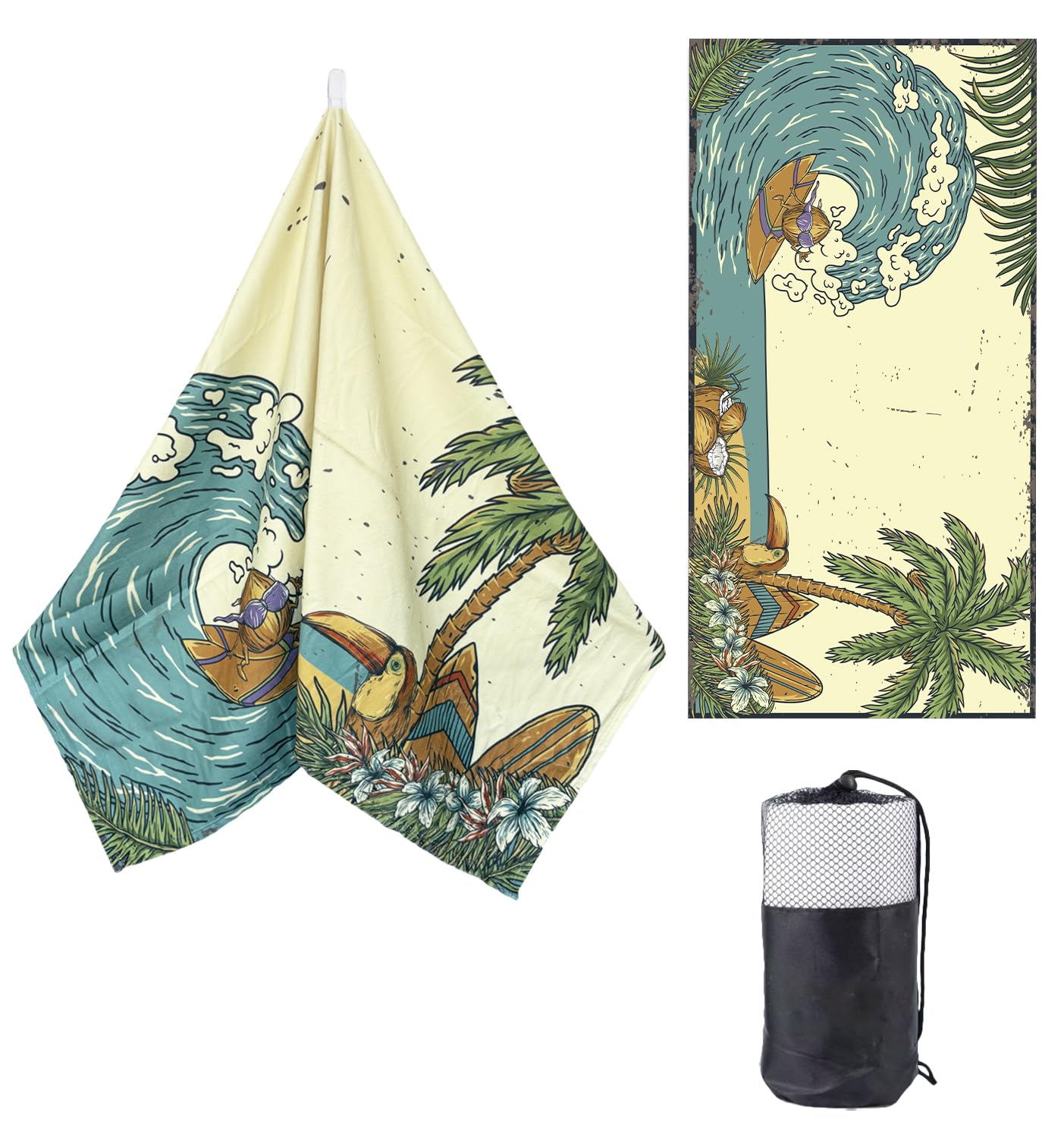ZTYROLJ Strandtuch Groß 90x180 cm Strandlaken Hawaiianischer Mikrofaser Frottee Velours Badetuch Pflegeleicht Weich und Schnelltrocknendes Badetuch Strand, Ausgestattet mit Aufbewahrungstasche
