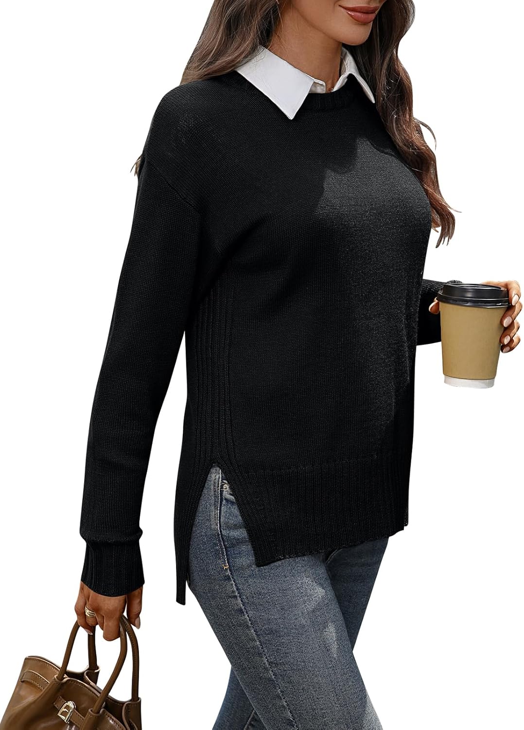 Women's Merino Wool Blend Sweater Crew Neck Side Slit Pullover