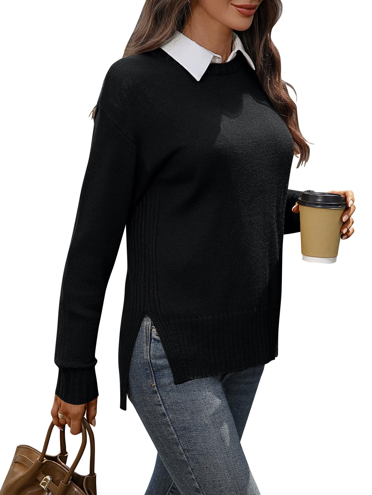 Womens Merino Wool Blend Sweater Crew Neck Side Slit Pullover