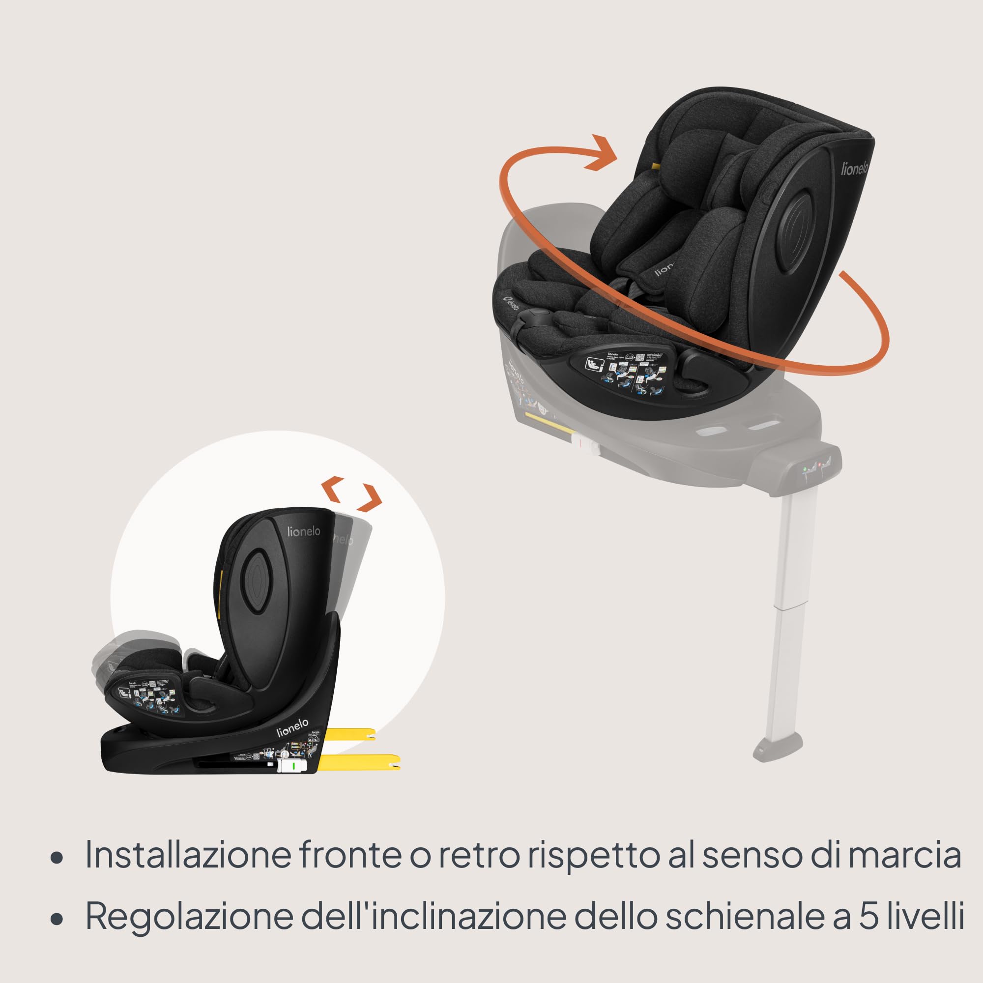 Lionelo Moxie Next i-Size Seggiolino Auto Girevole Ca. 0-4 Anni (40-105 Cm), 0-18 Kg, Installazione Su Base Girevole 360°, Protezione Laterale SIP, Regolazione Del Poggiatesta E Dell’inclinazione
