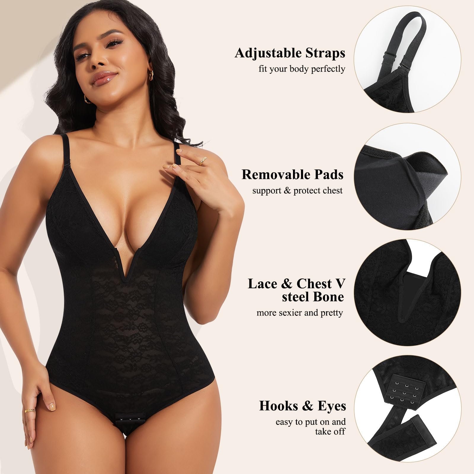 Joyshaper Shapewear Damen Body Spitze Bauchweg Formende Body Shaper V-Ausschnitt Shaping Bodysuit Miederbody