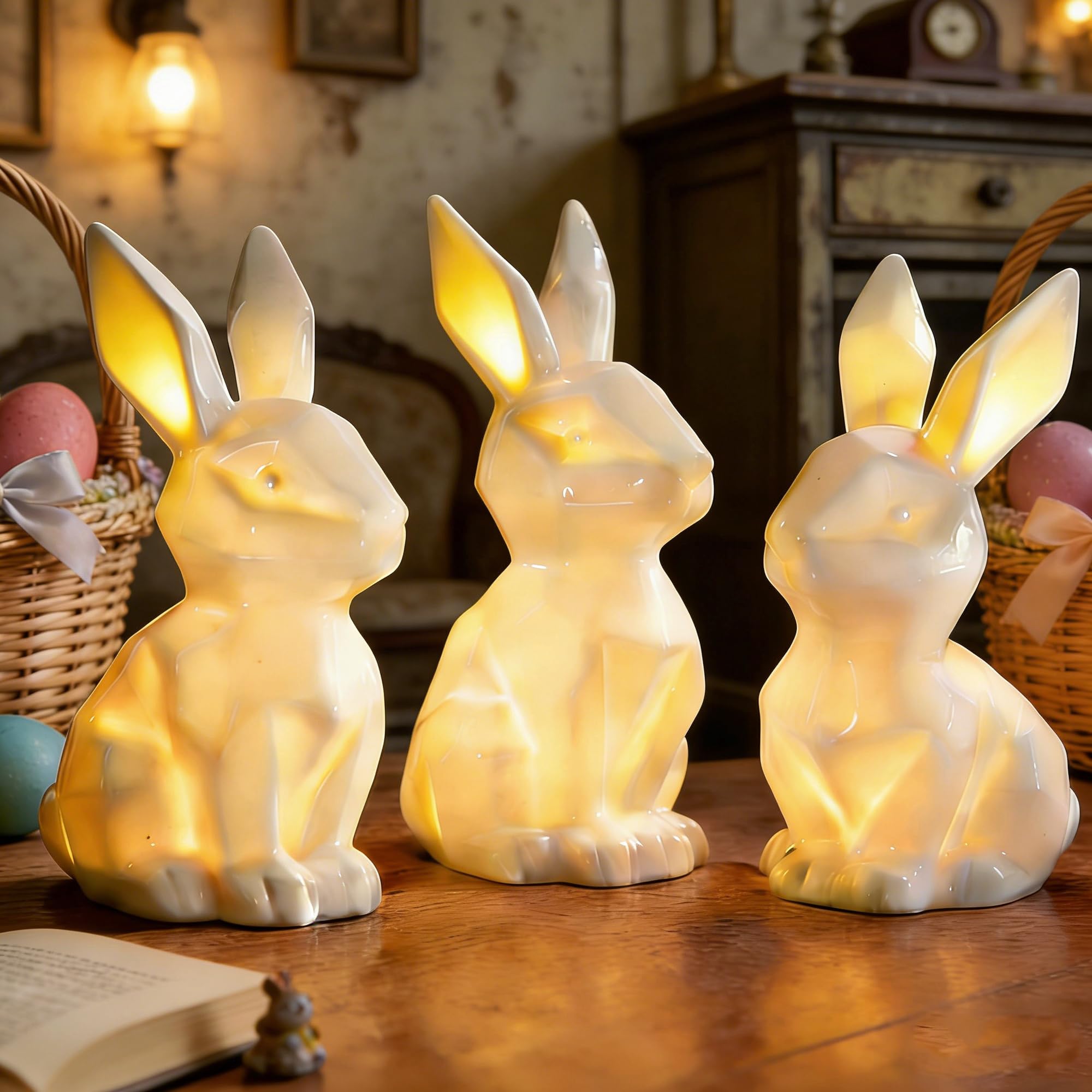 Condition photo showing New/Like New for nerosun 3 pack easter bunny decorations, ceramic white rabbit statues ornaments, lighted bunny table centerpiece for easter party, spring home decor and shelf display