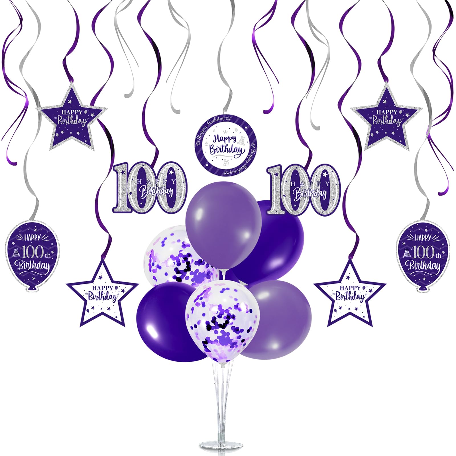Nelbiirth Happy 100th Birthday Purple & Silver Balloon Set,100th Birthday Swirls Streamers with Table Ballon Stand Centerpieces Kit,Cheers to 100
