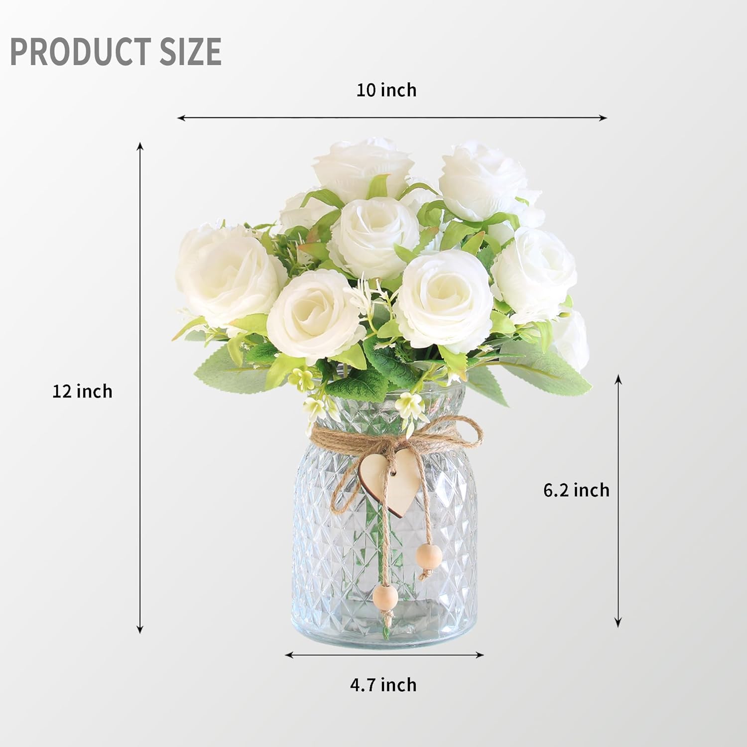 Faux Flowers in Vase, Fake Flowers in Vase 18 Pcs Faux Rose Flowers, Artificial Flowers for Home Decor, Indoor Centerpiece for Living Room & Dining Table - White