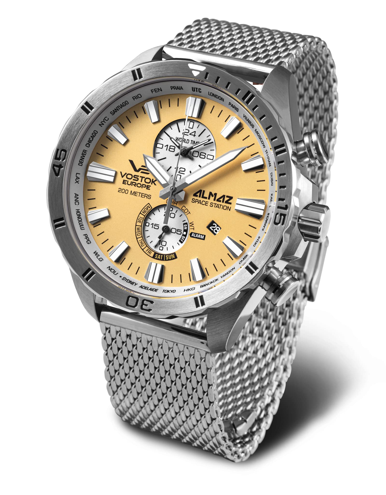 Vostok Europe Almaz Space Station - Reloj cronógrafo para hombre con correa milanesa, Plata/beige., Pulsera