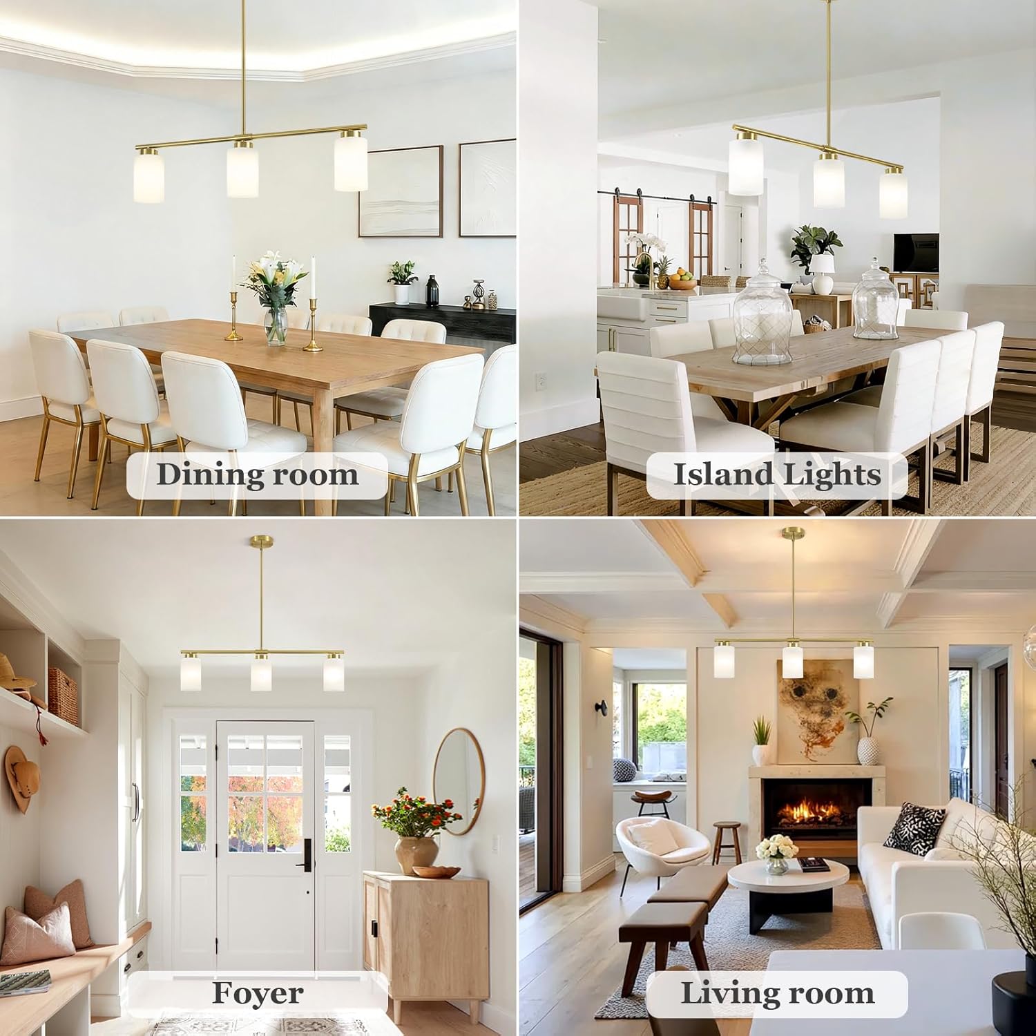 3-Light Gold Kitchen Island Lighting 31" Pendant Light with Milk Glass Shade Adjustable Height Linear Chandelier for Dining Room Modern Farmhouse Light Fixture Over Table Bar Living Room Foyer, E26