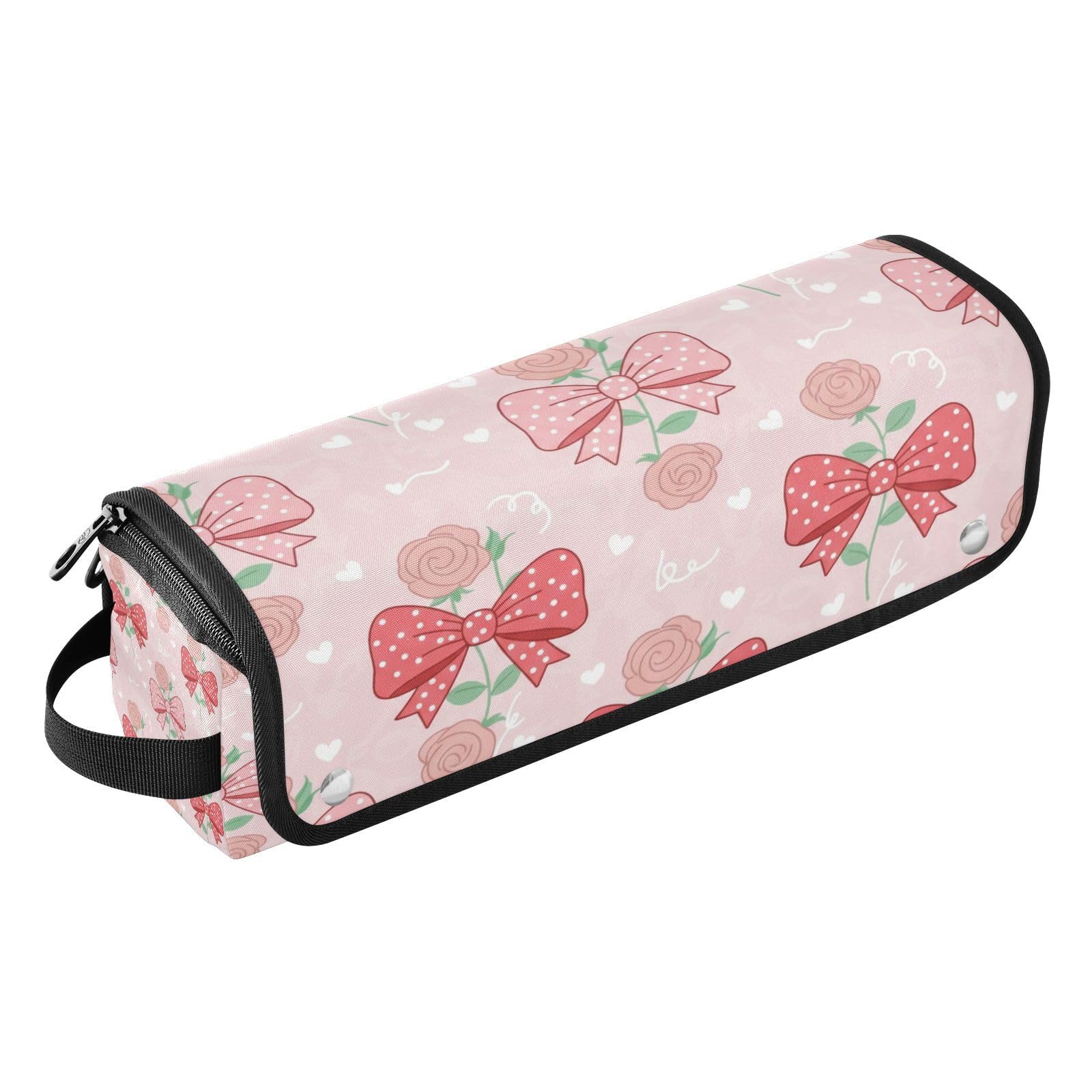 Valentines Bow Rose Hair Tools Travel Bag Portable Hair Accessory Organizer with Heat Resistant Mat 2 in 1
