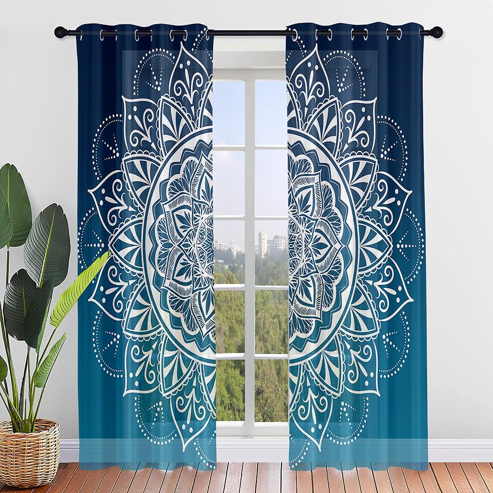 Hiseng Cortinas Salon Modernas 2 Piezas, Cortina Translucidas Estampado de Mandala Color 3D con Ojales, Visillos Cortos para Dormitorio Cocina Ventanas Comedor Habitacion (107x160cm,Gris Azul)