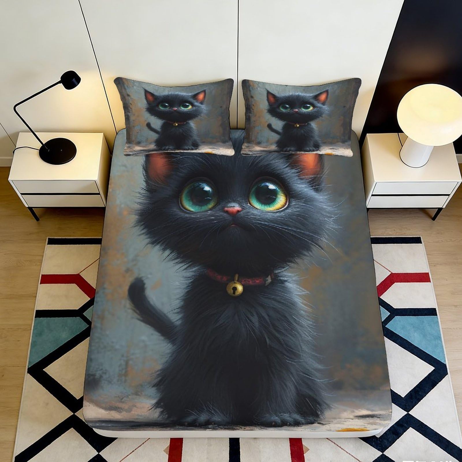 3D Printed Cute Black Cat Fitted Sheet Microfiber Soft Breathable Adorable Kitten Mattress Cover for Bedroom Dormitory Guest Room Mattress Protection Decor 140x200x25cm