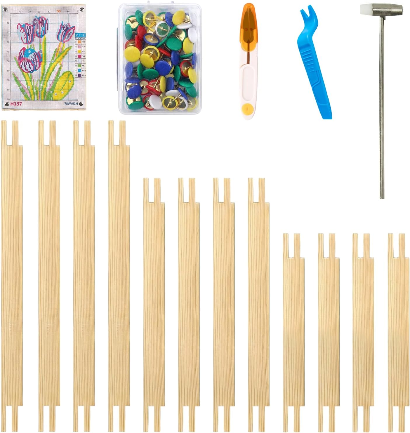 KunoNana Needlepoint Stretcher Bars Kit, 6 Sets Stretcher Bars for Needlework with 12 Soft Wood Bars (6/8/10 Inch), 100 Tacks, Mini Hammer, Tack Remover & Scissor for Needlepoint Canvas