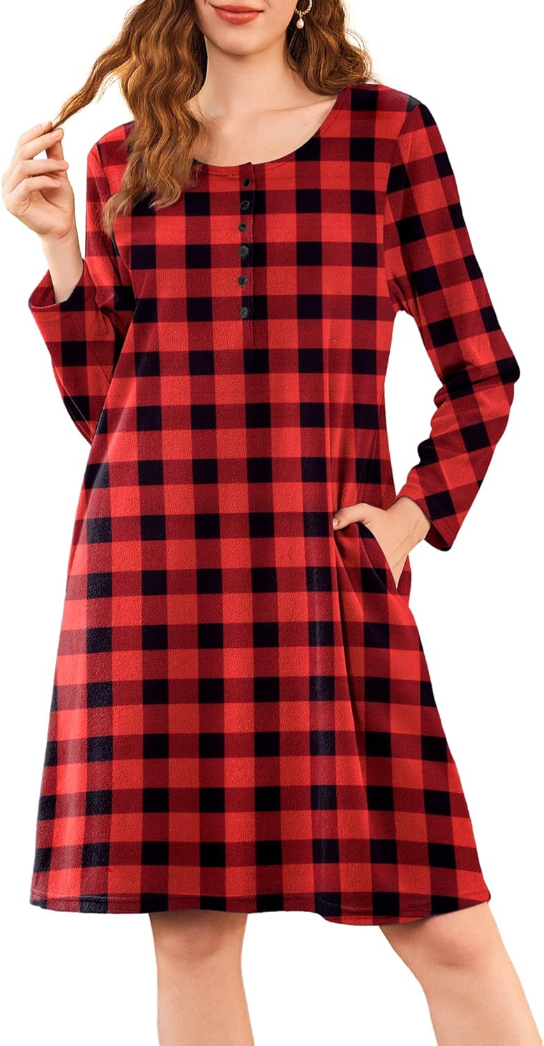 Ekouaer Flannel Nightgowns for Women Long Sleeve Sleepwear Pajama Dress Button Sleepshirts with Pockets