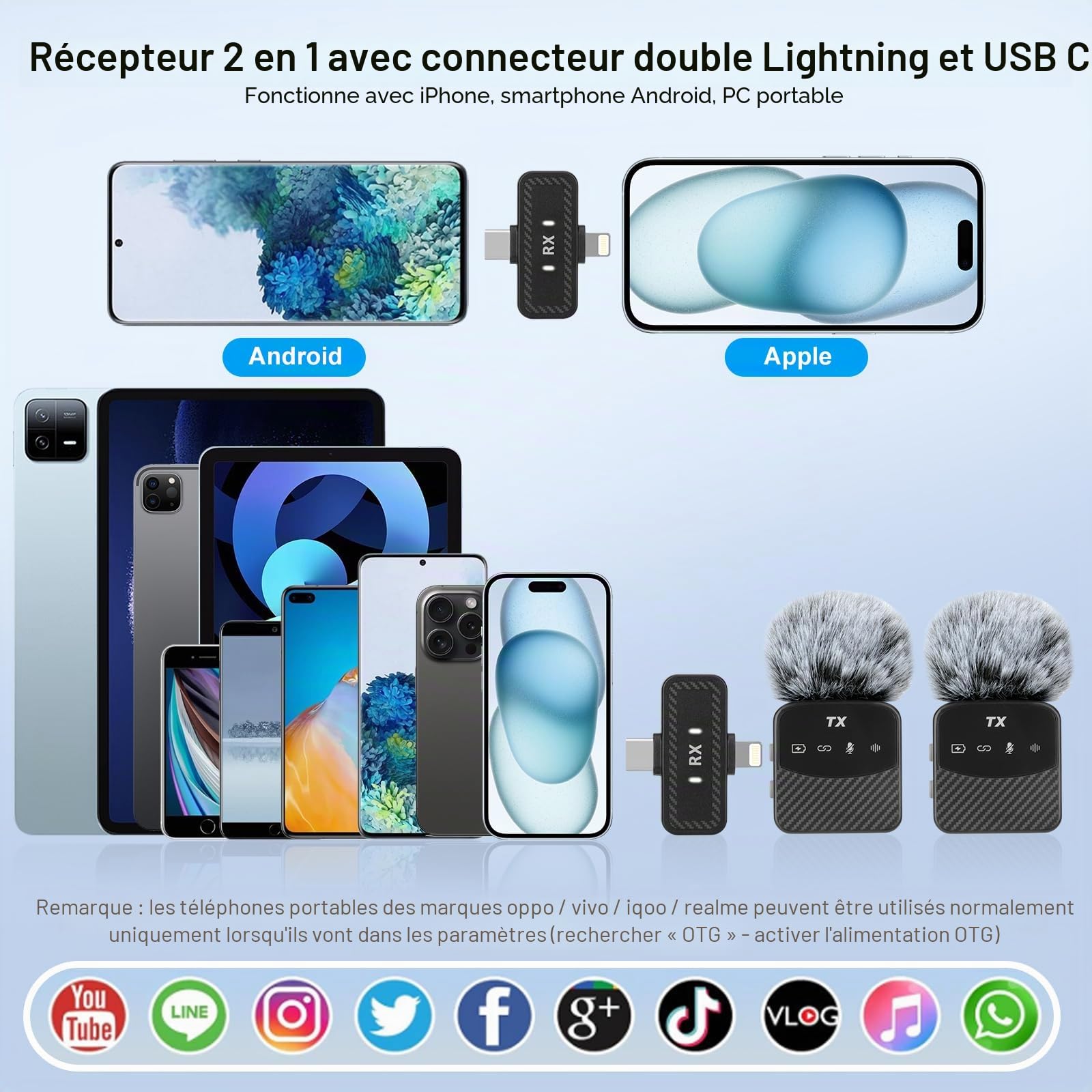 Mini micro Lavalier pour iPhone/iPad/Android, mini microphone Plug-Play, réduction du bruit, durée d'utilisation de 25 heures, microphone sans fil Lavalier pour vidéos, Vlog, YouTube, TikTok, flux en