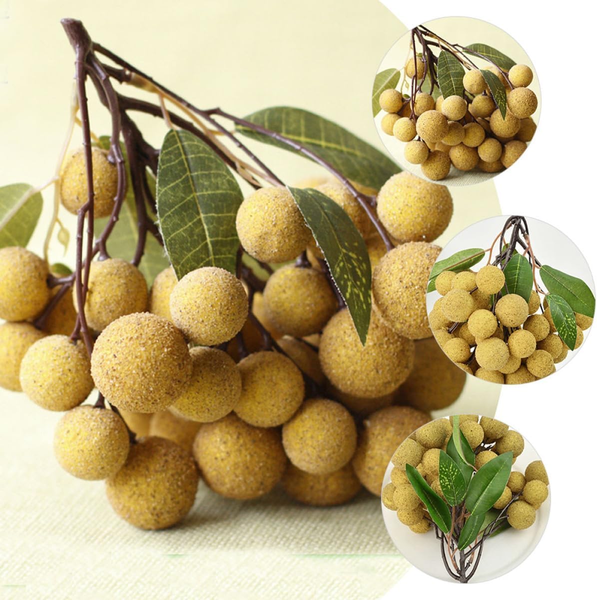 TIDTALEO Simulated Longan Artificial Fruit Model, 50pcs Plastic Longan Cluster, Lifelike Decorative Fake Fruits Prop for Home Kitchen Photo Shoot and Supermarket Display