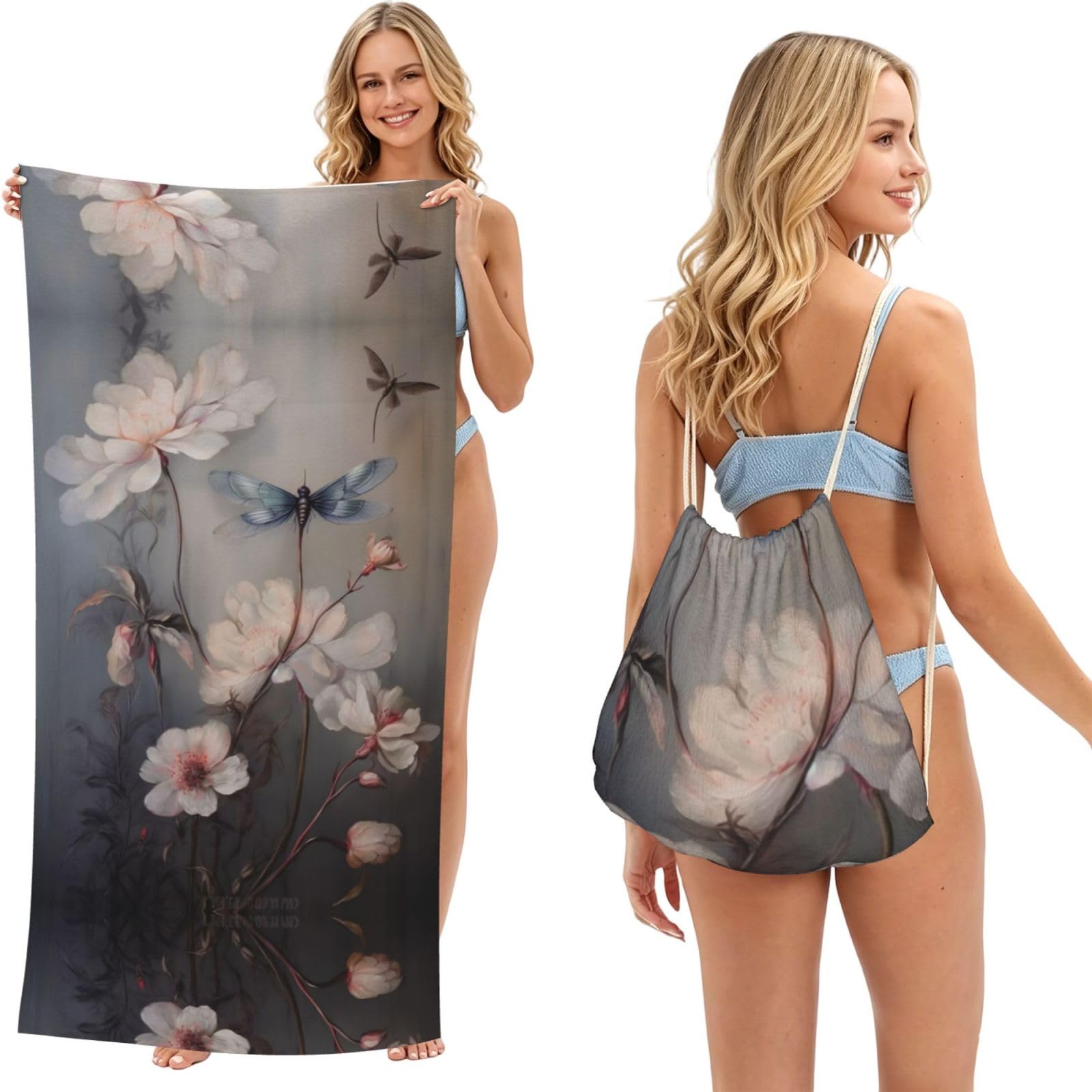 SXZVVBN Dragonfly Pink Petals 2-in-1 Beach Towel Bag, Quick Dry Sand Free Travel Towel Backpack for Adults