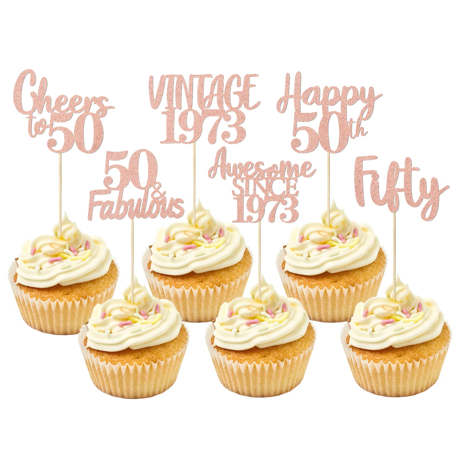 30 Pcs 50th Birthday Cupcake Toppers, Rose Gold Glitter 50th Cake Toppers 50 & Fabulous Cupcake Picks for Happy 50th Birthday Anniversary Party Decorations Supplies (Rose Gold)
