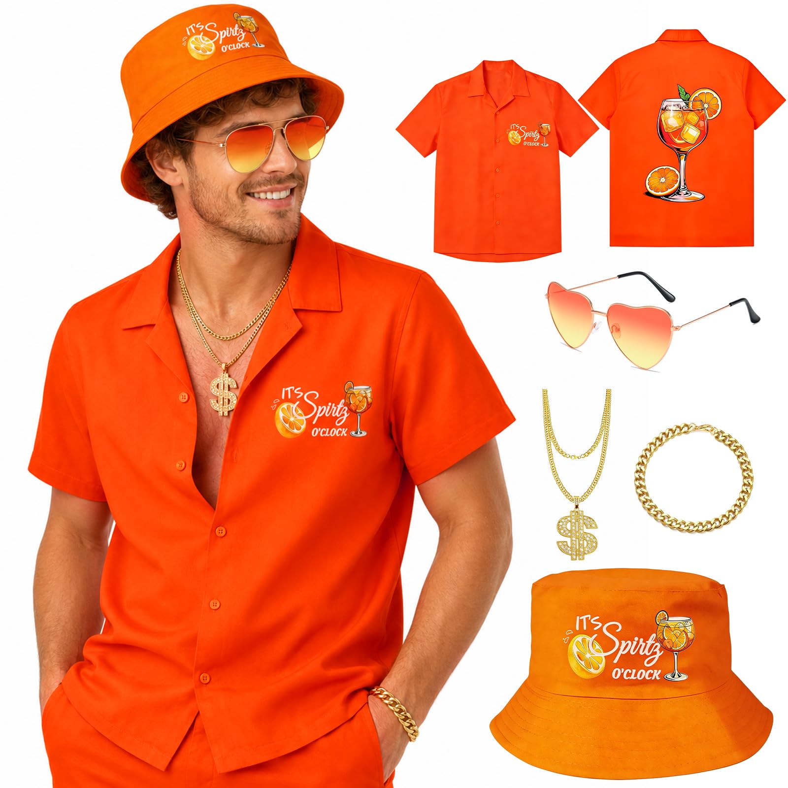 Maazusa 80s 90s Fancy Dress Outfit Aperol Men Adults Spritz Costume 5Pcs Shirt, Bucket Hat Sunglasses, Orange Aperol 80s 90s Fancy Dress Summer Cocktail Party (XL)