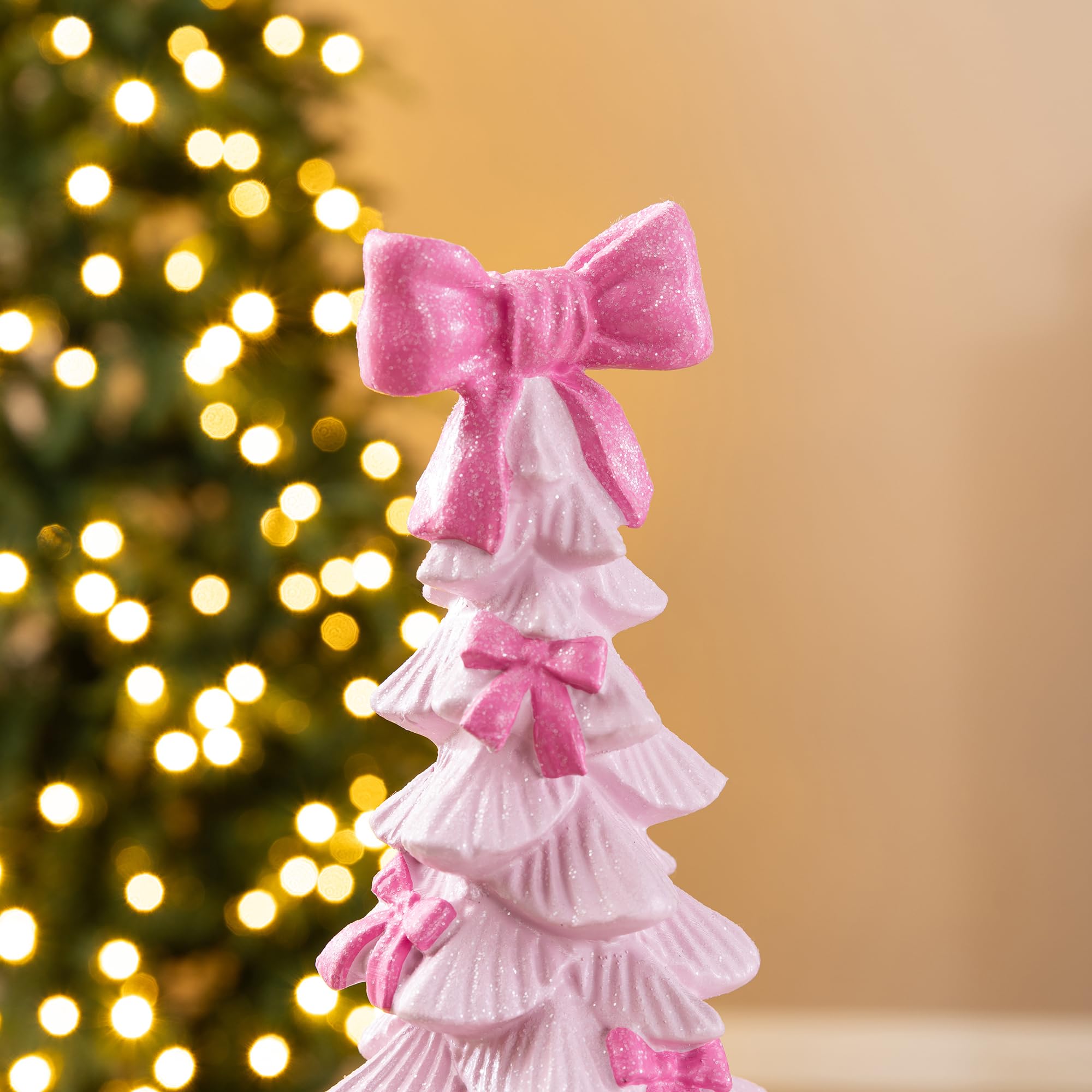 Glitzhome Figuras de resina de árbol de Navidad rosa de 38,73 cm de alto, centro de mesa de árbol de Navidad con lazo rosa brillante, decoración de Navidad hecha a mano para escritorio de vacaciones