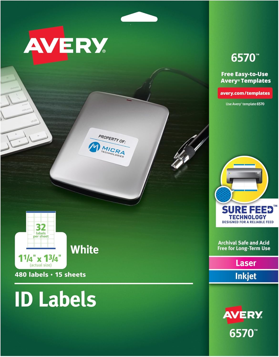 Permanent ID Labels w/ Sure Feed Technology, Inkjet/Laser Printers, 1.25 x 1.75, White, 32/Sheet, 15 Sheets/Pack