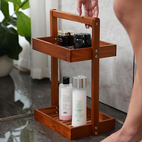 Miniatura 5 de Utoplike Organizador de Ducha de Esquina de Madera de Teca, Organizador de Baño de Encimera de 2 Niveles, Estante de Ducha de Pie con Mango, Cesta