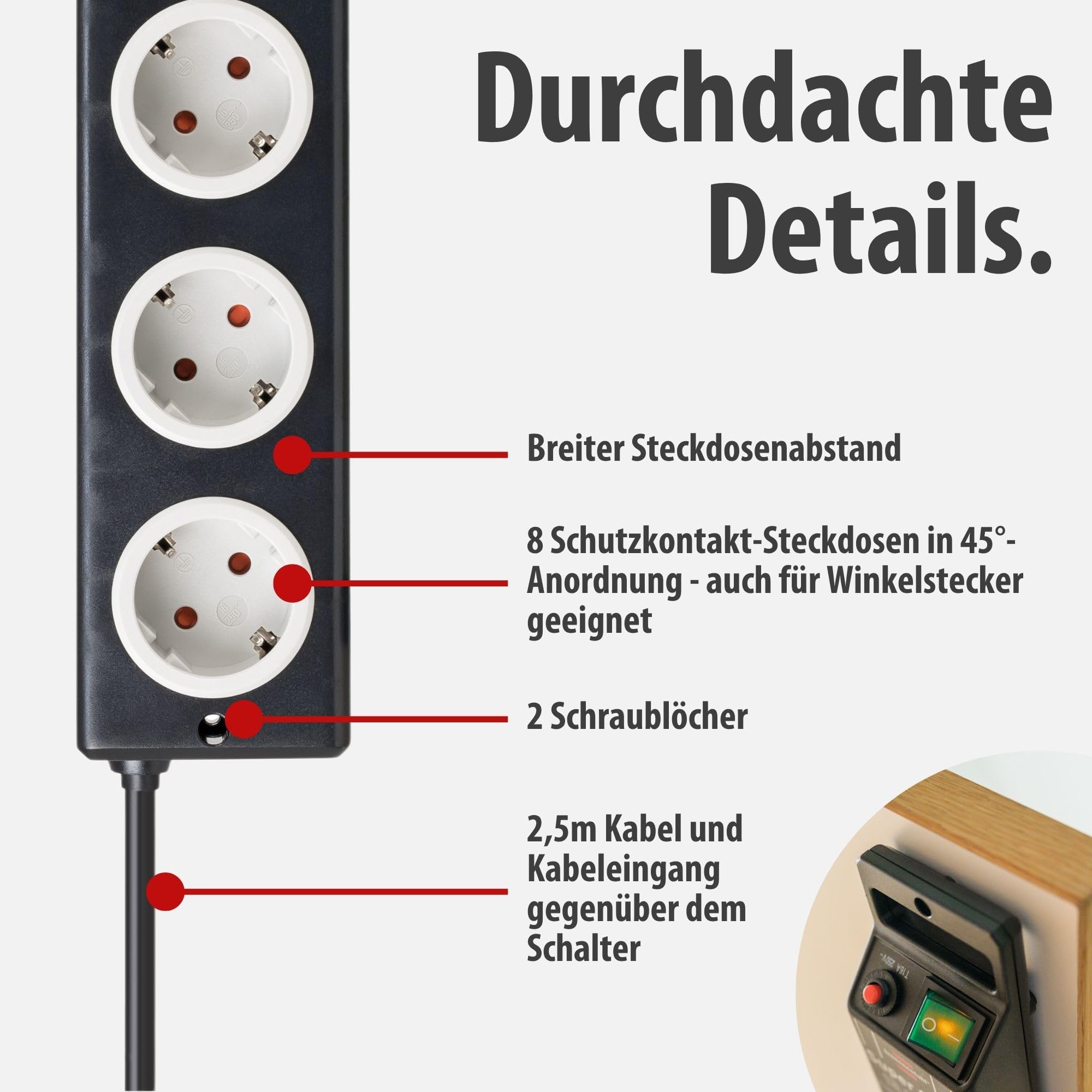 Brennenstuhl Super-Solid Steckdosenleiste 8-Fach mit Überspannungsschutz (Steckerleiste mit 2,5m Kabel und Schalter, Mehrfachsteckdose aus bruchfestem Polycarbonat) schwarz/grau