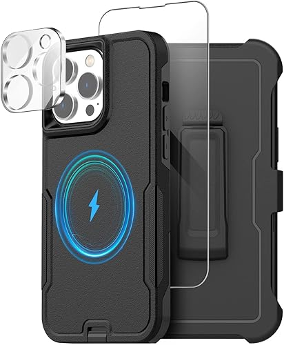 AICase Funda con clip para cinturón para iPhone 14 Pro Max con protector de pantalla de vidrio + lente de cámara, compatible con MagSafe resistente