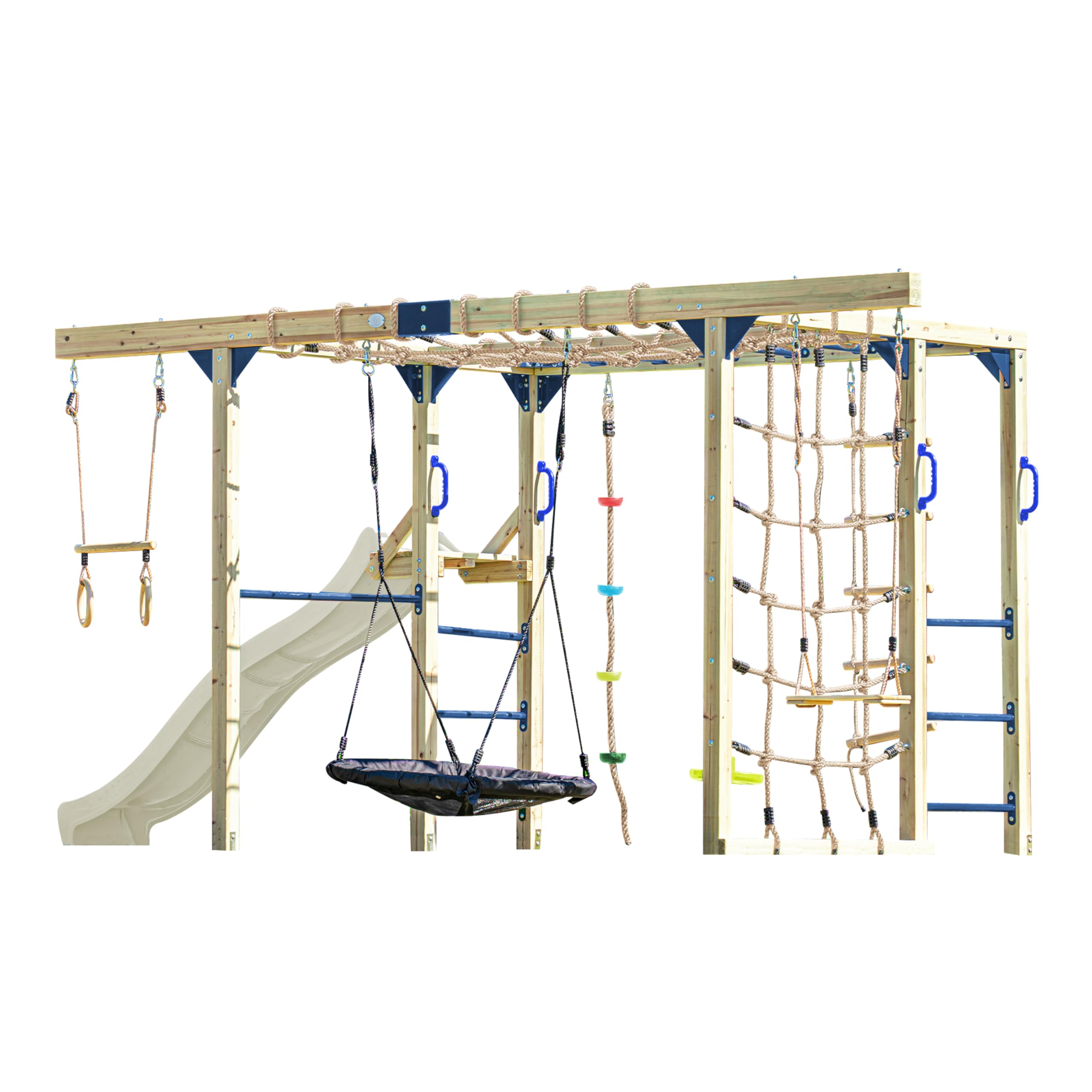AXI Boris Juego de Escalada para ninos de Madera Marron con Tobogan Crema | Estructura para trepar Equipada para ninos con Diferentes Columpios, Trapecio, Redes para trepar y Barras de Mono.