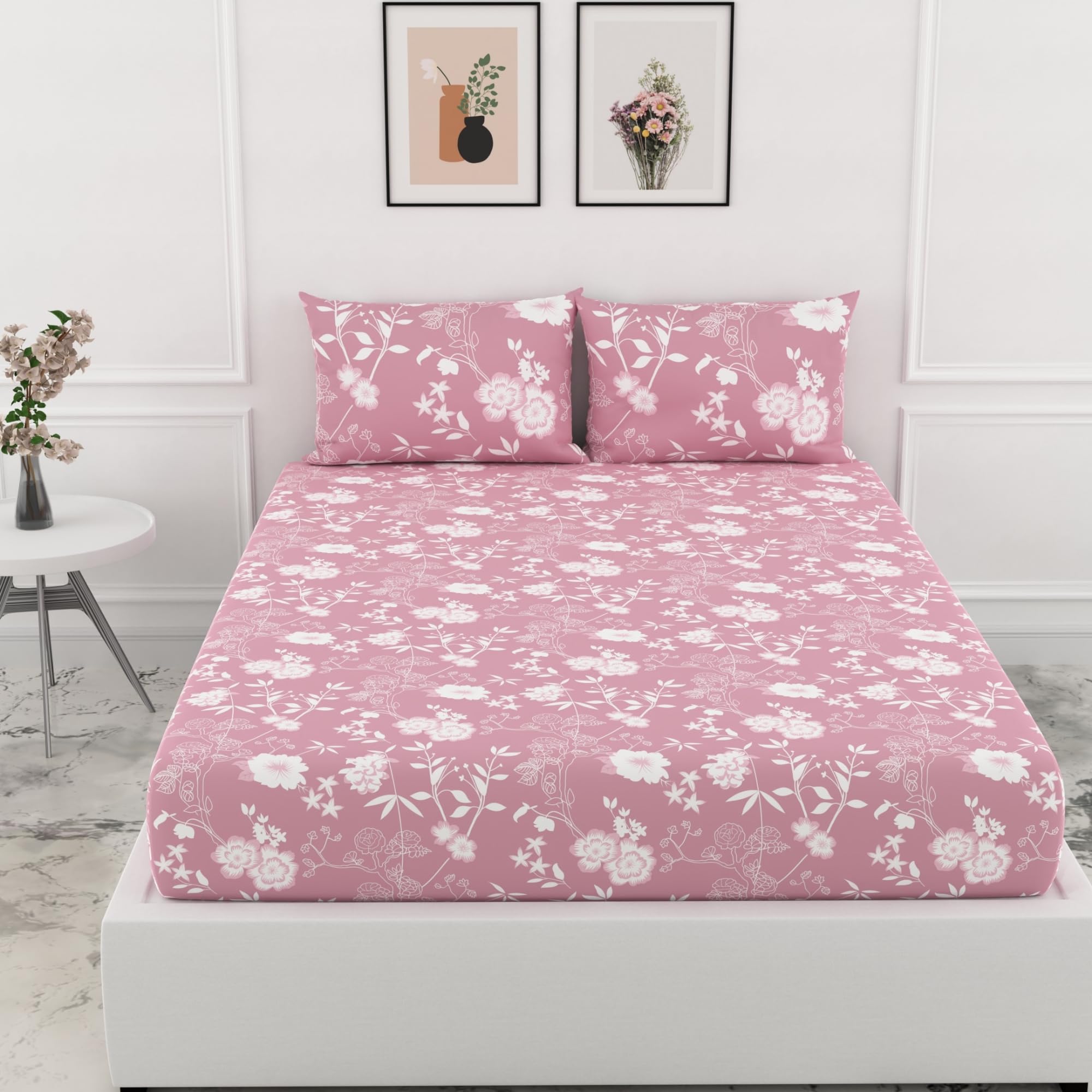 LORETO - A QUALITY LINEN BRAND 100% Cotton Elastic Fitted Bedsheets Double Bed with 2 Pillow Cover All Around Elastic Fitted Bed Sheet for Double Size Mattress - 72 x 60 Inch, Blush Pink Vine Blooms-picture-24