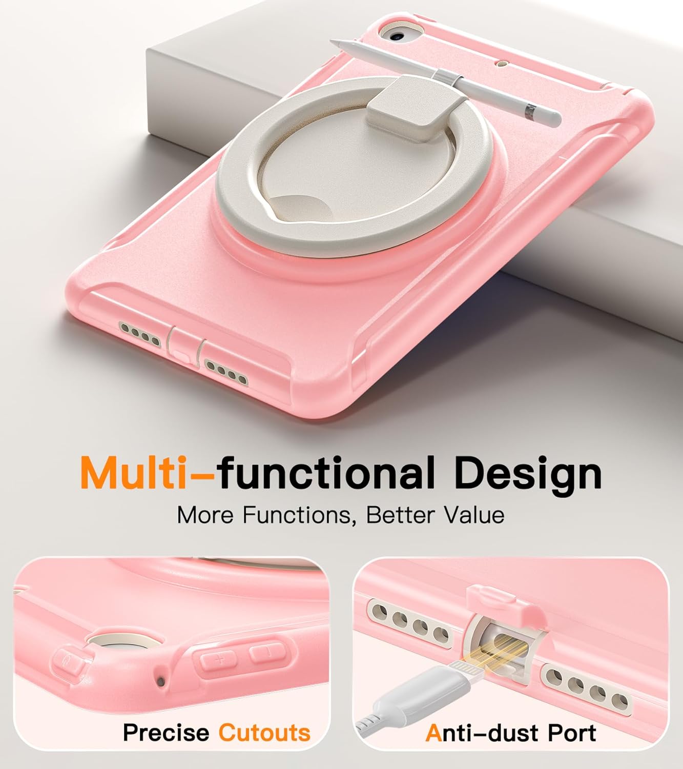 BATYUE Shockproof Case for iPad mini 4/5 (2015/2019) - 360° Multi-Angle Stand (Portrait & Landscape) & Grip, Pencil Holder (Elastic Loop), Multi-Scene for All Ages, Pink