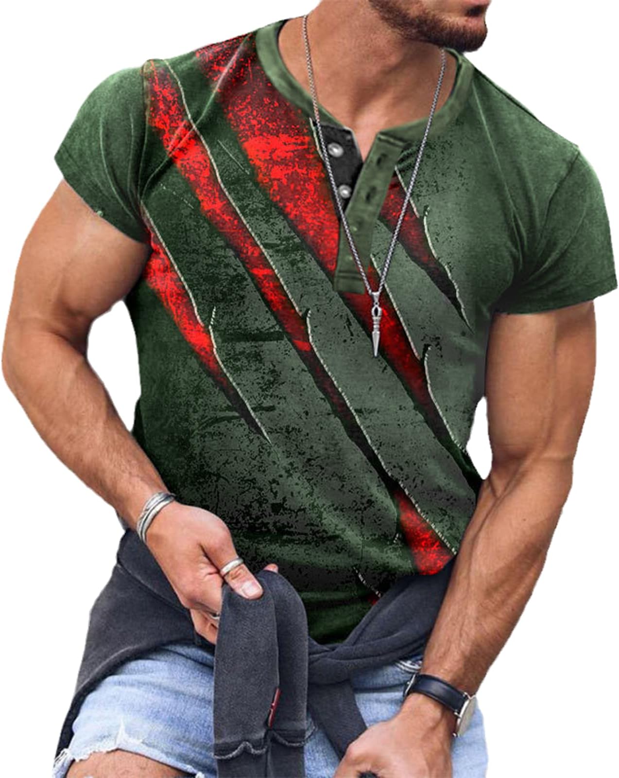 Men's Outdoor Sports Tactical T Shirt Summer Fashion Creative 3D Print Color Block Henley Collar Short Sleeve Tee