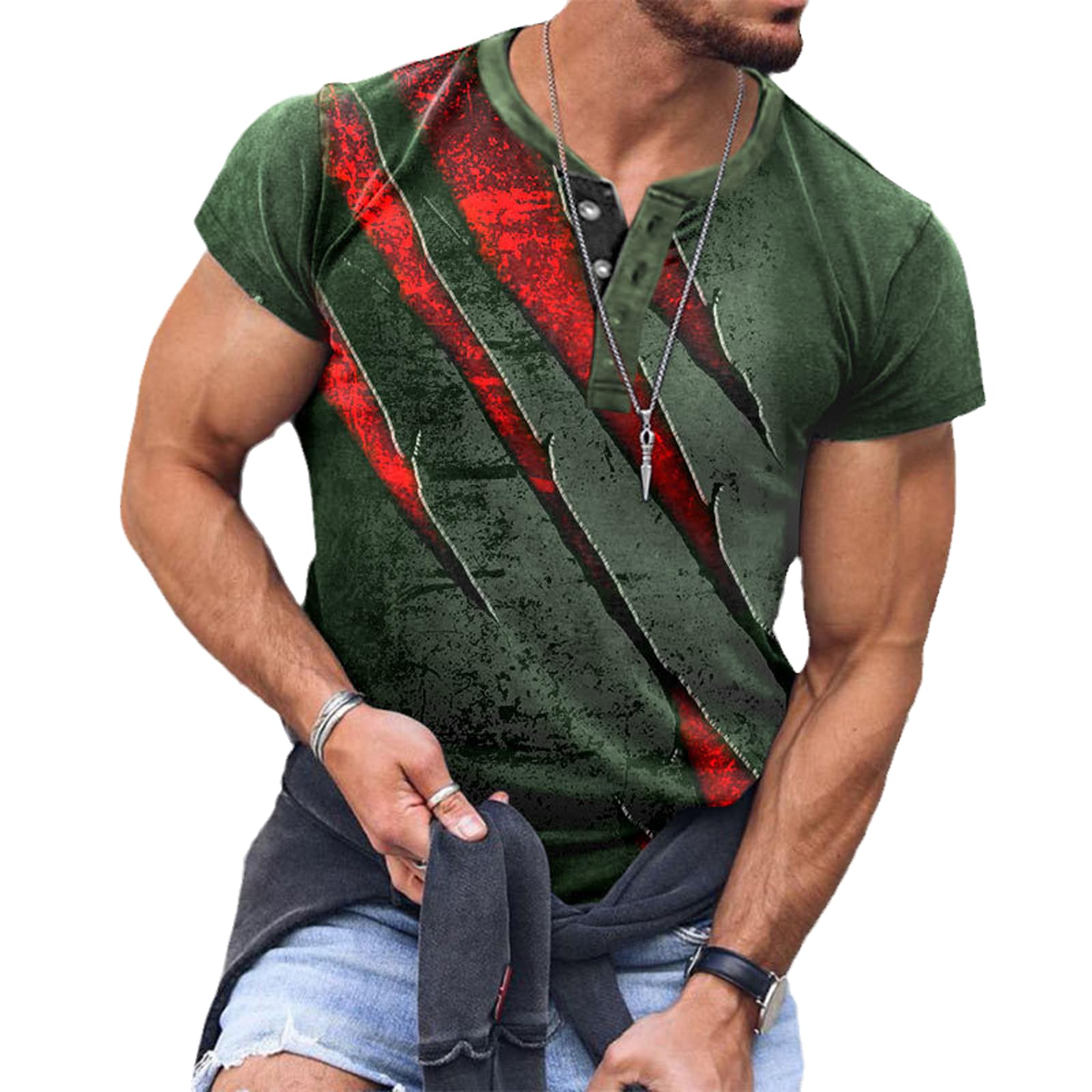 Men's Outdoor Sports Tactical T Shirt Summer Fashion Creative 3D Print Color Block Henley Collar Short Sleeve Tee