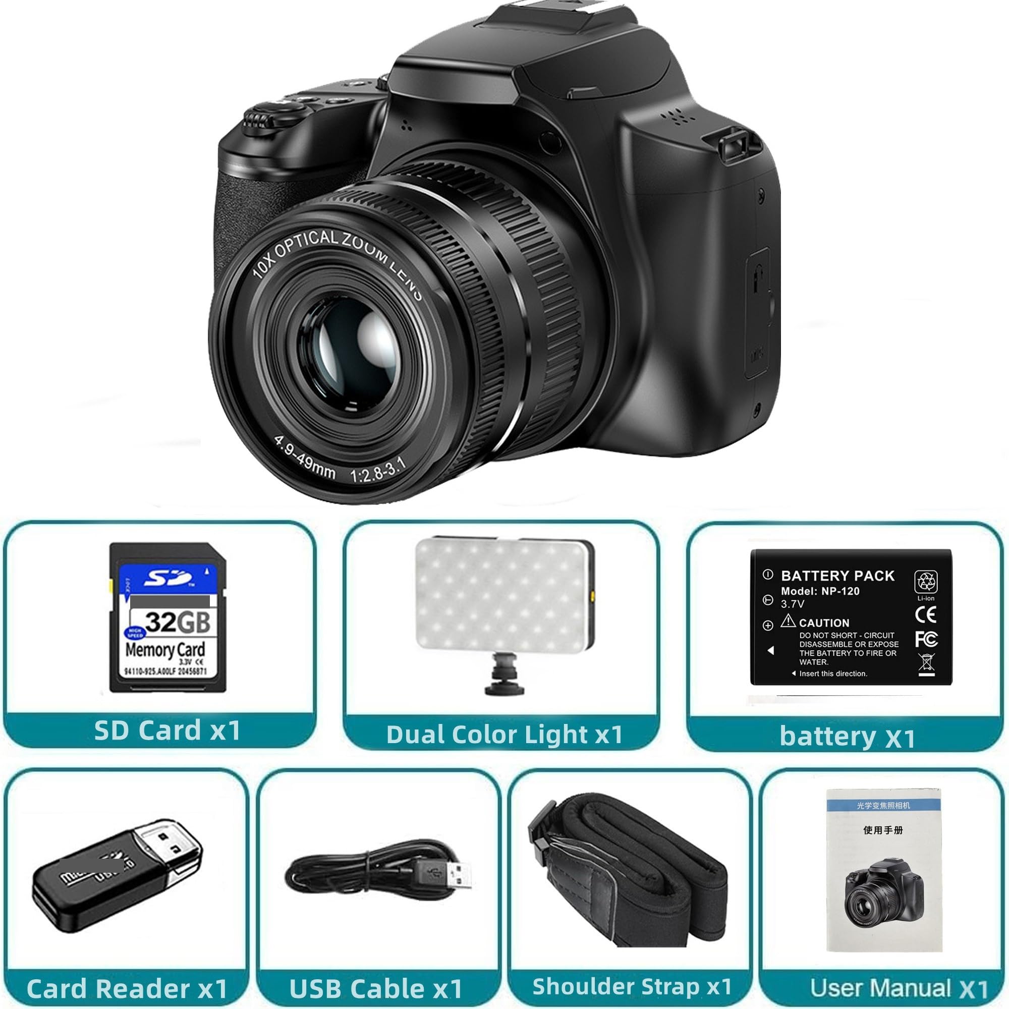Kamera wideo, Cyfrowa lustrzanka 64 MP do fotografii, aparat z 10-krotnym zoomem optycznym Kamera wideo 4K HD Vlog Kamera internetowa Lustrzanki cyfrowe(5MP Add 64G,Dual Color Light)