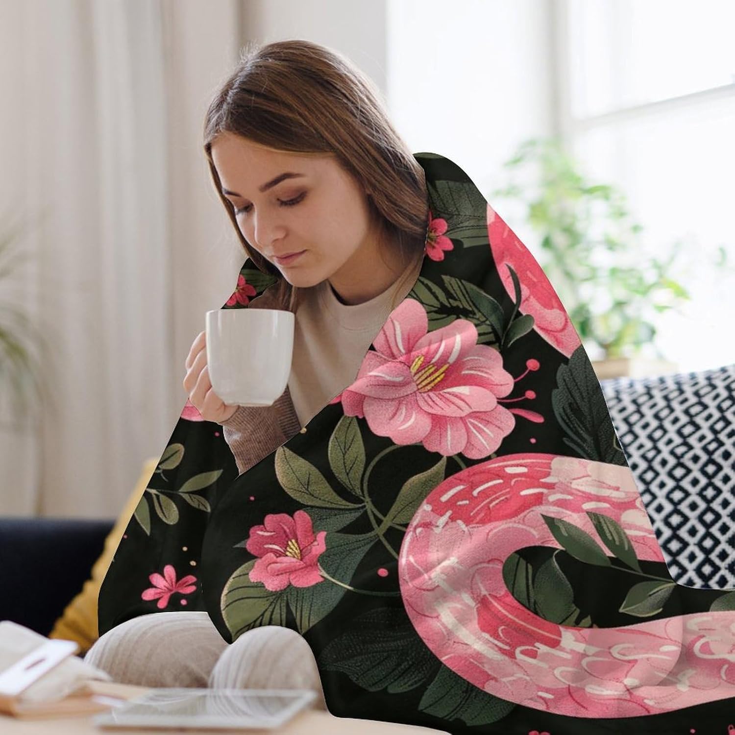 Snake Throw Blanket Pink Floral Animal Print Blankets Gifts Couch Sofa Bed Stuff Decor Soft Cozy Lightweight Fleece Plush Flannel Bedding for Lover Women Girls Adults 40"x50" - Image 5