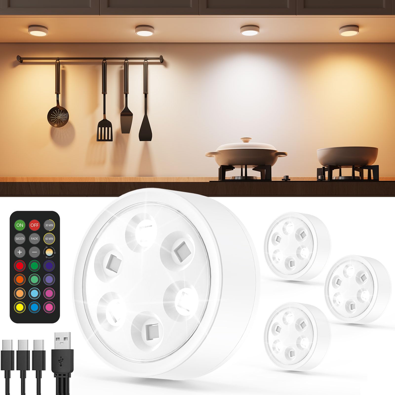 Luces Vitrina RGB Recargable USB - 2400mAh Regulable Foco LED Armario Colores Luz LED Bajo Muebl Cocina con Mando a Distancia Luz Nocturna Interior sin Cable Lámpara Escalera Pulsador Inalambrico