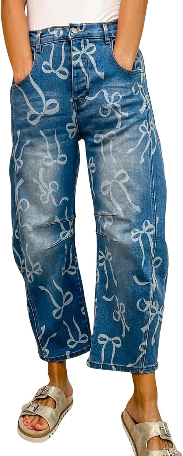 chouyatou Women's Bow Print Mid Rise Barrel Jeans Wide Leg Baggy Loose Y2k Boyfriend Denim Pants Jeans