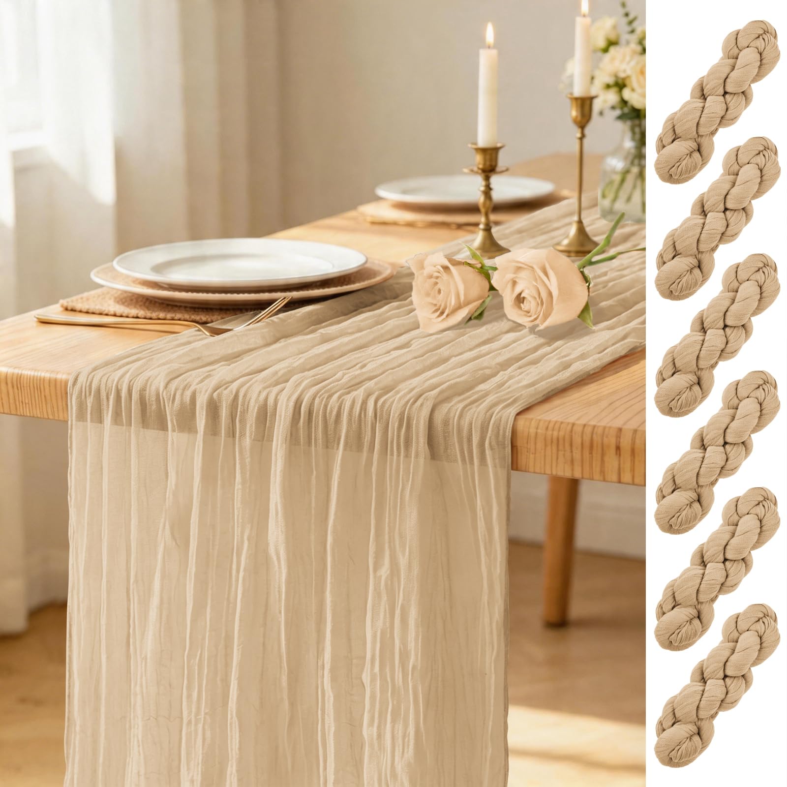 6 Pack Beige Table Runner 17 x 108inch Cheesecloth Table Runner Rustic Boho Gauze Sheer Fabric Cheese Cloth Table Runners for Wedding Party Bridal Baby Shower Birthday Spring Table Decor