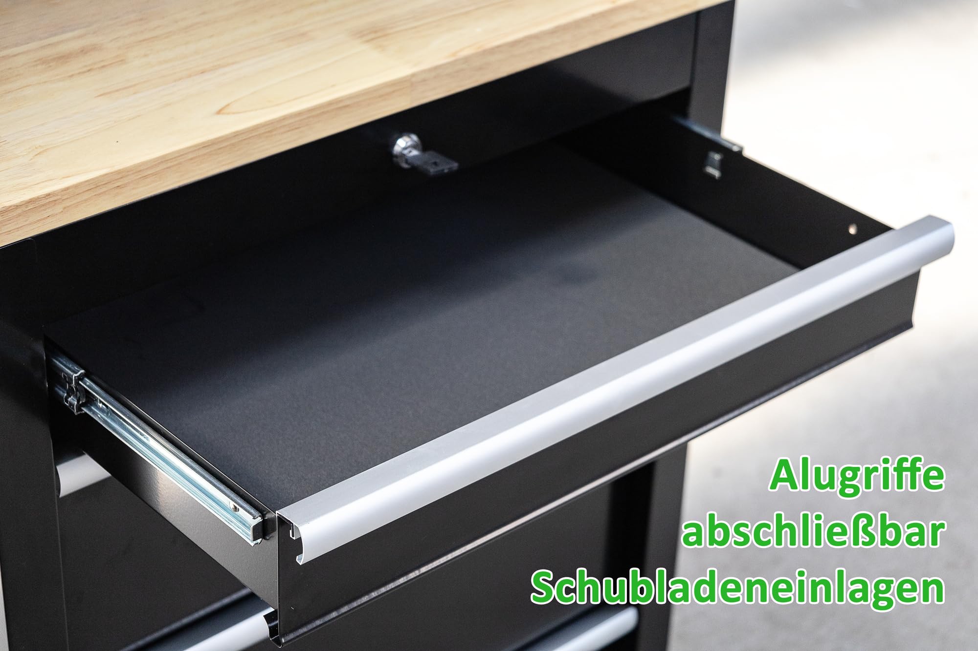 Ondis24 XL Werkstatt Komplett Set 260cm vormontierte Männerküche Werkstattrichtung modular mit Holzarbeitsplatte, Werkzeugschränke, Werkbank mit Schubladen (9 TLG.)
