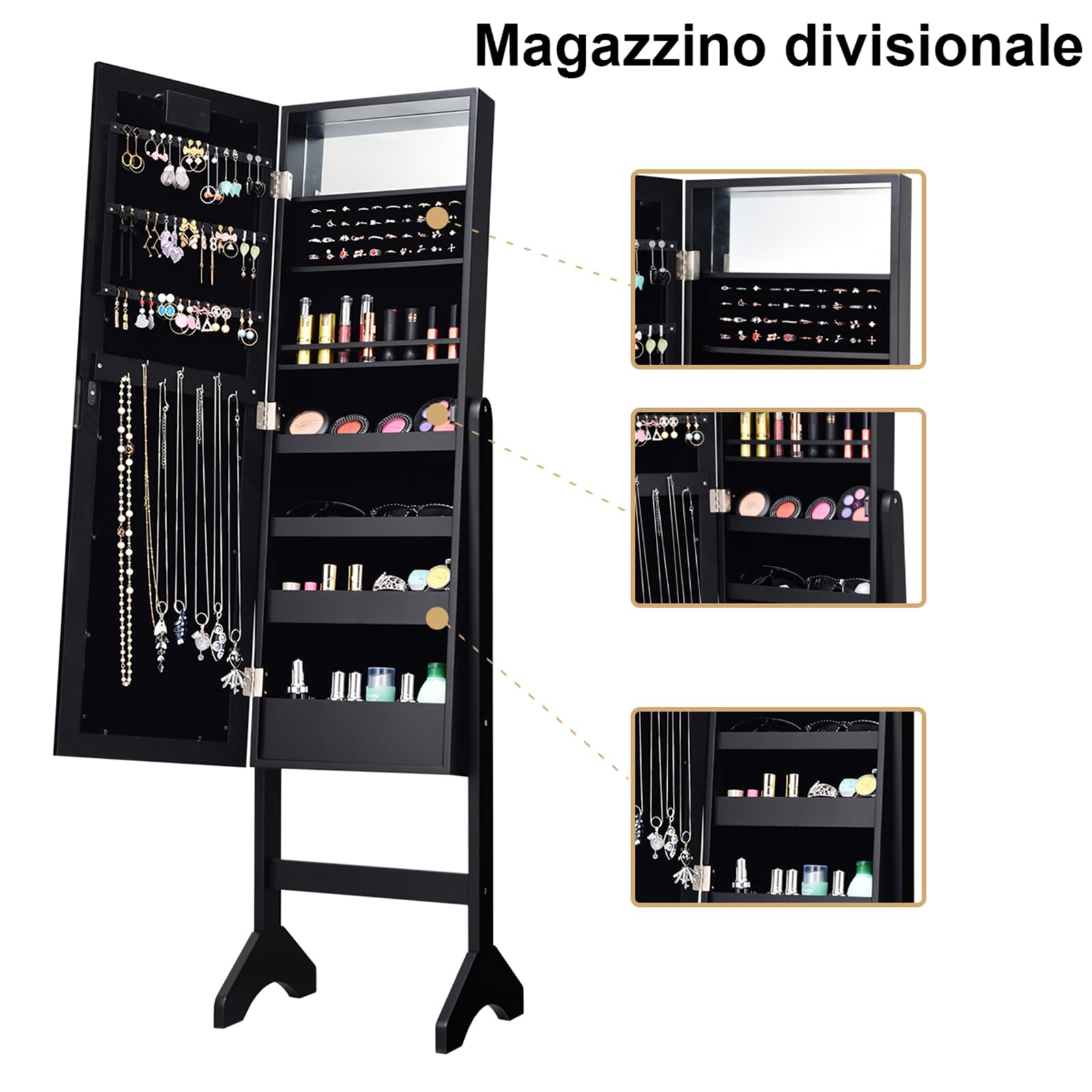 COSTWAY Portagioie Armadietto Specchiera con 18 Luci LED, Specchio a Figura Intera, Organizer per Gioielli Moderno Elegante, 145x35x31,5cm (Nero)