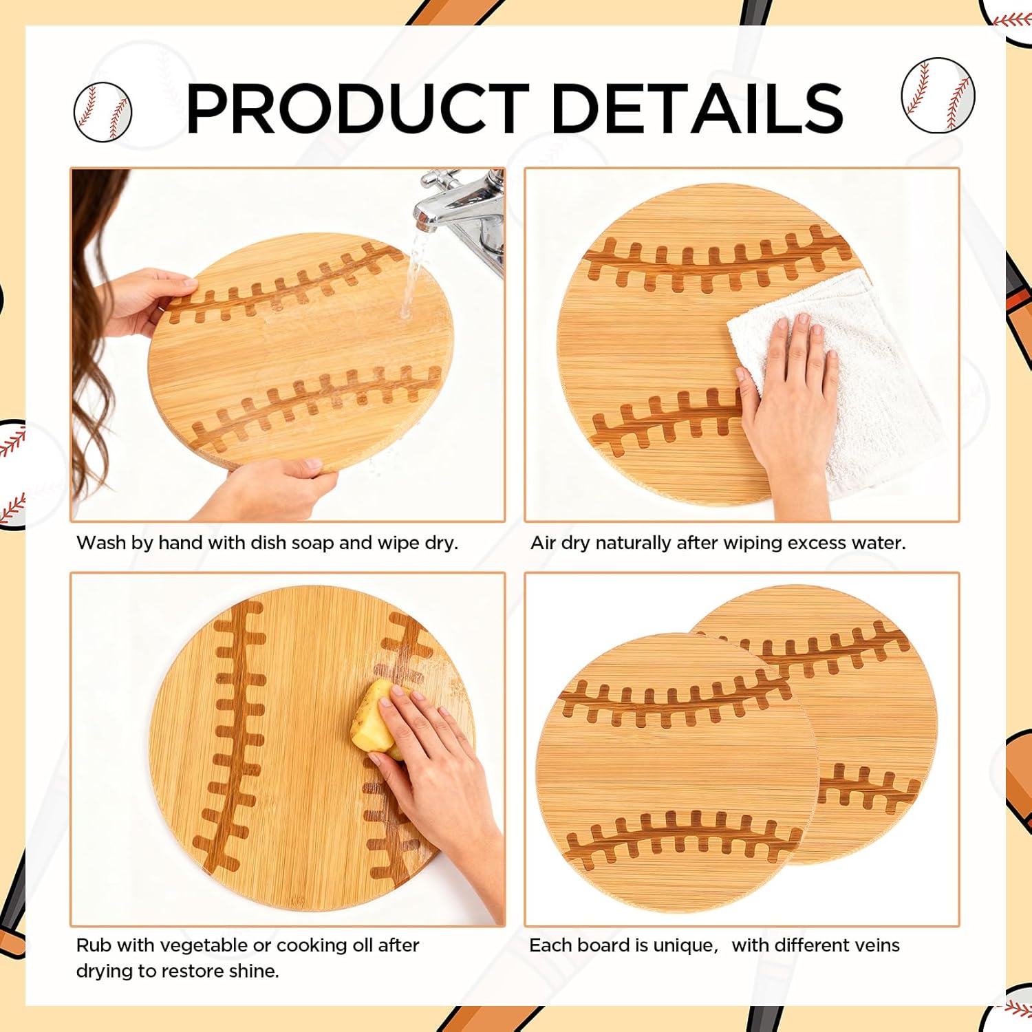 6 Pcs Baseball Gifts Baseball Bamboo Wood Cutting Board 6 Inch Bamboo Wood Serving Tray Platter for Men Sports Lovers Gift Holiday Party Decoration Favor Kitchen Supplies