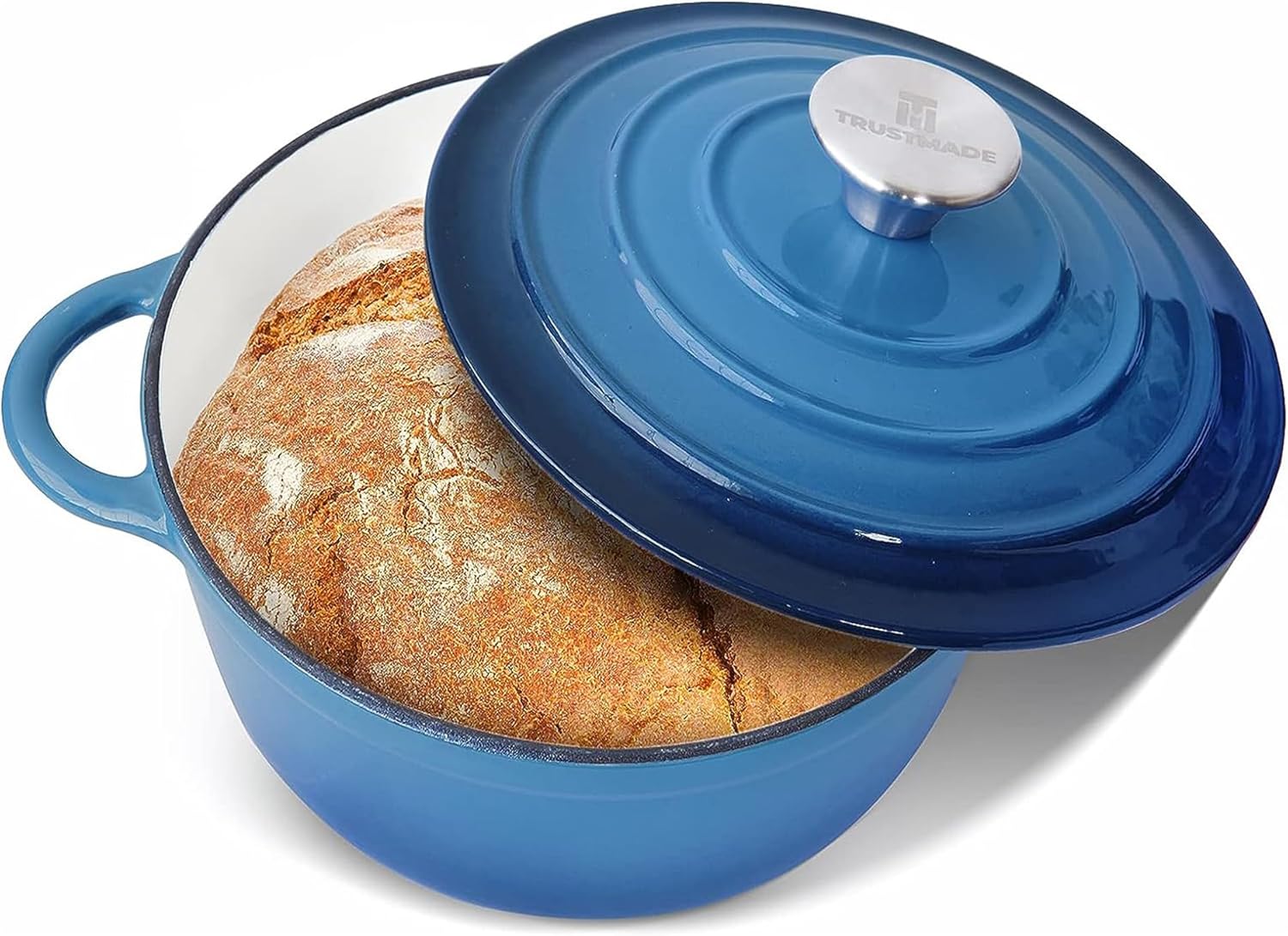 Trustmade 3 QT Cast Iron Dutch Oven, Enamel Coated Cookware Pot with Self Basting Lid for Home Baking, Braiser, Cooking, Blue