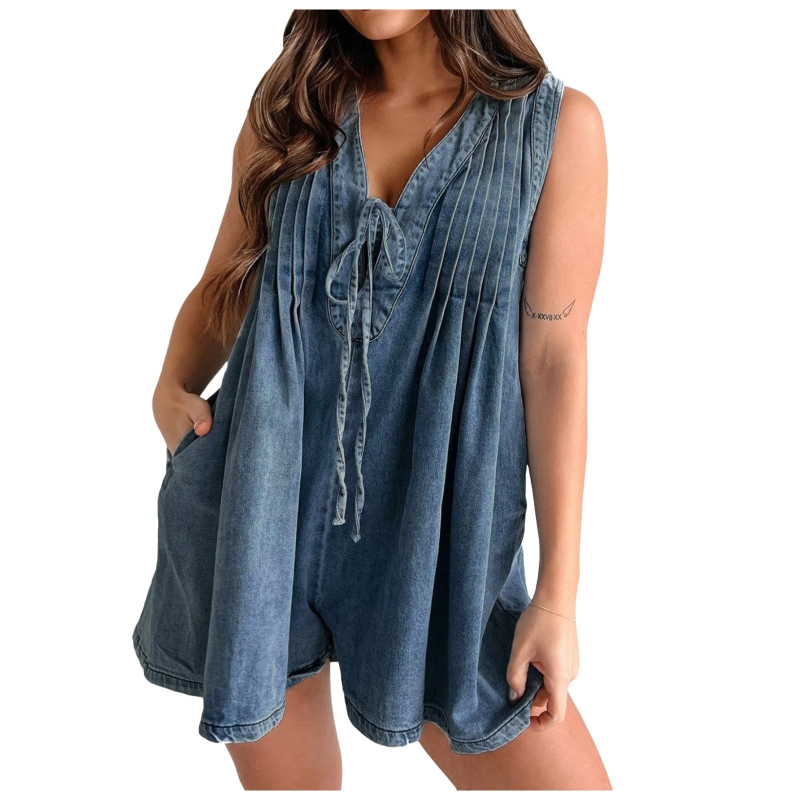 Generico Tutine Donna Aderente - Tutina Donna Corta - Salopette Corta in Denim Senza Maniche con Lacci sul Davanti da Donna con Tasca