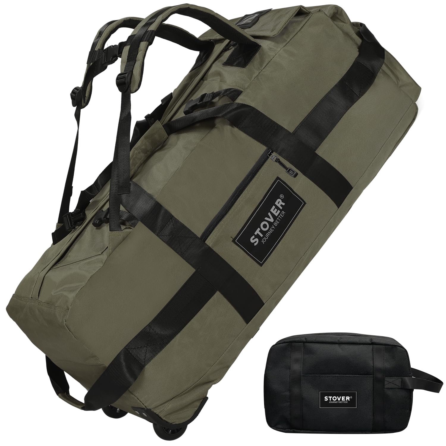 STOVER80L Rolling Duffel Bag with Wheels, Large 31 Inch Durable Travel Duffle + Toiletry Bag, Heavy Duty, Packable, Foldable w/Shoulder Straps- Use as Luggage or Backpack, Men/Women (Green)