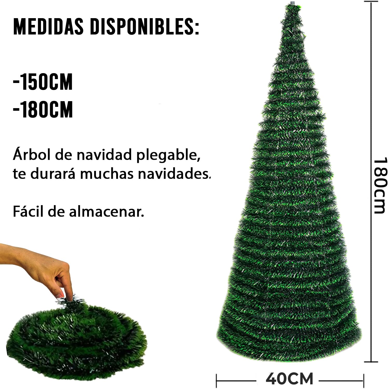 Árbol de Navidad Plegable Negro Nieve Verde Pino Blanco Nieve tamaño 150CM - 180CM Árbol de Navidad Plegable Flocado predecoradas para el Hogar, Dormitorio, Comedor (Verde, 180CM)