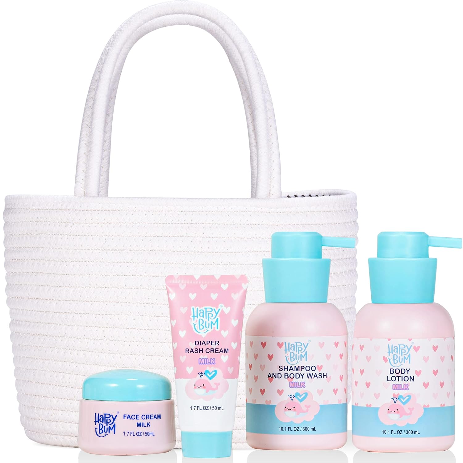 HAPPY BUM Baby Bath Set, Baby Wash Gift Set Included Body Wash and Shampoo, Body Lotion, Baby Face Cream, Baby Diaper Cream and Cotton Rope Basket Diaper Caddy Organizer for Baby