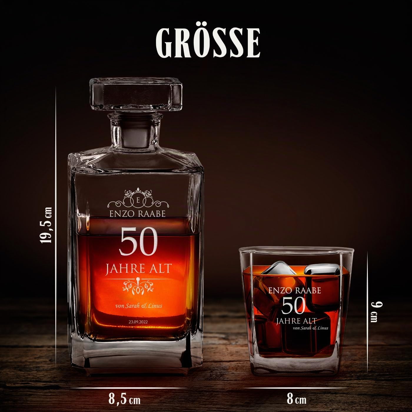 Maverton Whiskey Karaffe + 4 / 6er Whiskygläser Set mit Gravur - 700ml Whisky Dekanter - Geschenk zum Geburtstag für Damen - Weihnachtsgeschenke - Jahre alt