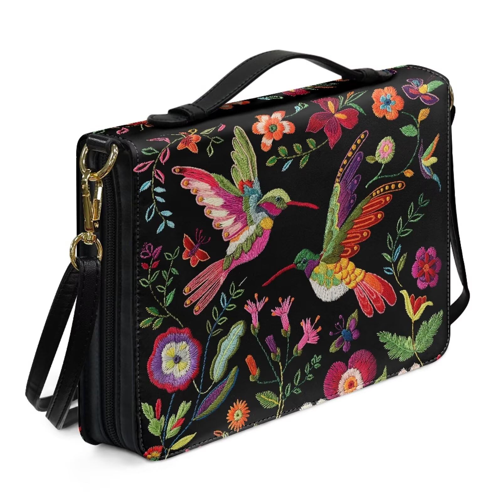 Kuiaobaty Hummingbird Flowers Bible Cover Case for Women Church Bag, Bird Floral PU Leather Handle Bible Carrying Bag Large,M